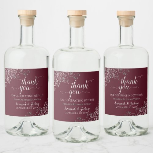 Frilly Silver on Burgundy Maroon Wedding Thank You Liquor Bottle Label