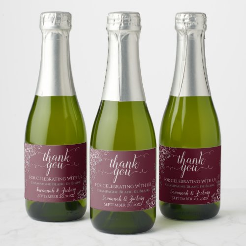 Frilly Silver on Burgundy Wedding Thank You Mini Sparkling Wine Label