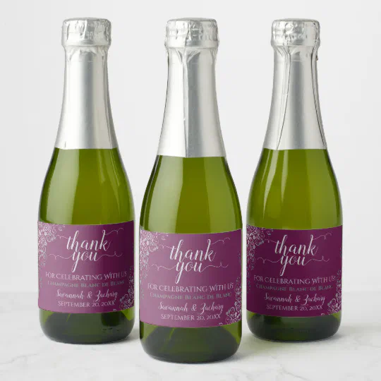 Frilly Silver On Cassis Wedding Thank You Mini Champagne Label Zazzle Com