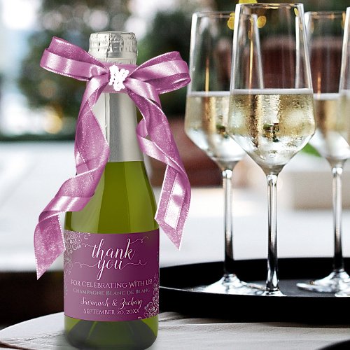 Frilly Silver on Cassis Wedding Thank You Mini Sparkling Wine Label