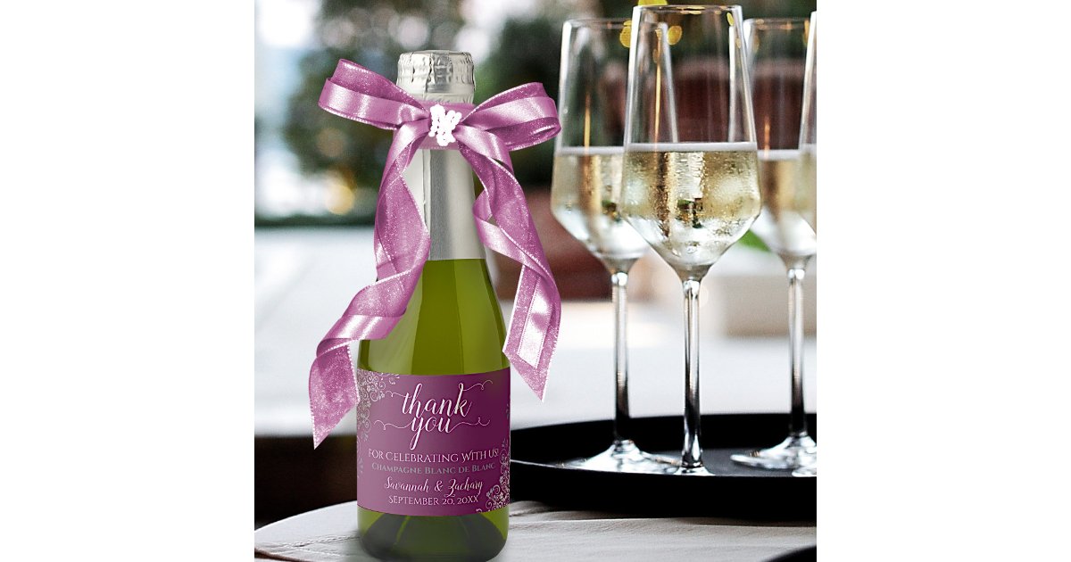 Frilly Silver on Cassis Wedding Thank You Mini Sparkling Wine Label ...