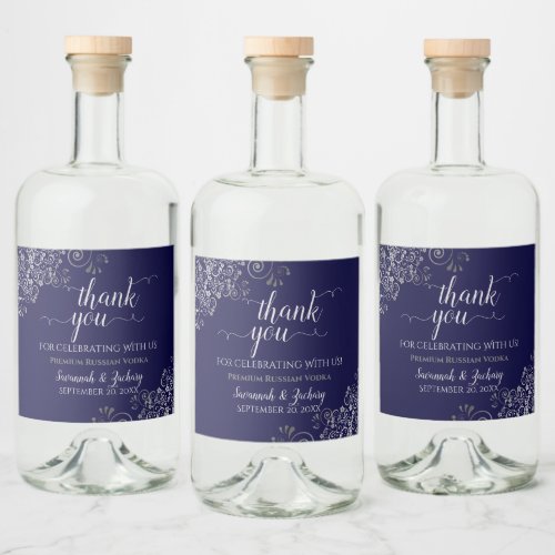 Frilly Silver on Navy Blue Wedding Thank You Liquor Bottle Label