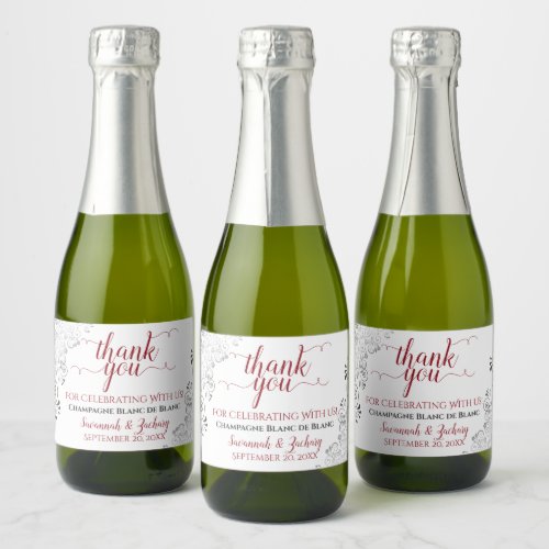 Frilly Silver Red  White Wedding Thank You Mini Sparkling Wine Label
