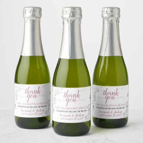 Frilly Silver Rose  White Wedding Thank You Mini Sparkling Wine Label