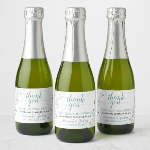 Frilly Silver Teal  White Wedding Thank You Mini Sparkling Wine Label
