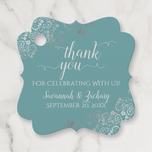 Frilly Teal  Silver Gray Wedding Thank You Favor Tags