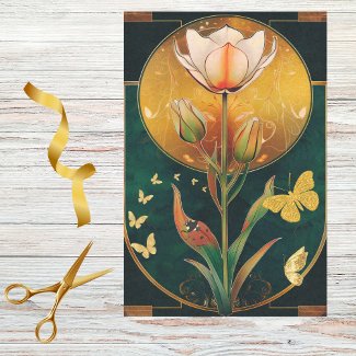 Frilly Tulip w Gold Butterflies n LadyBug on Green