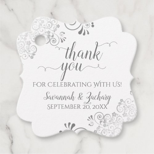 Frilly White  Silver Gray Wedding Thank You Favor Tags