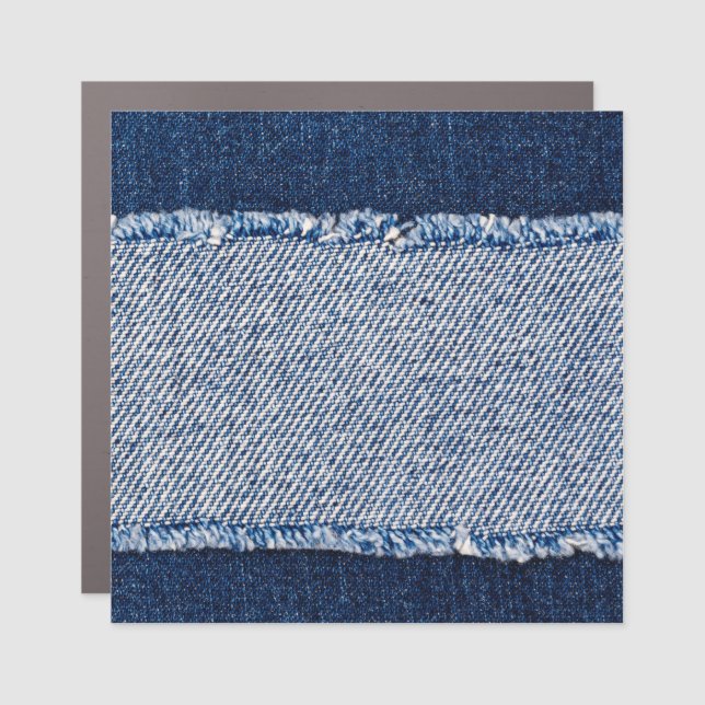 Fringed denim blue jeans frame. car magnet (Front)