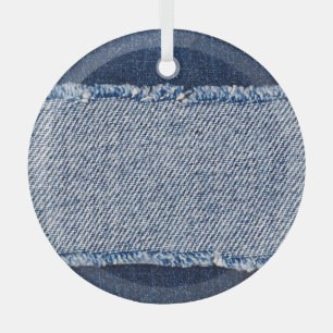 Fringed denim blue jeans frame. glass ornament