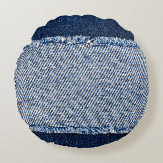 Fringed denim blue jeans frame. round pillow