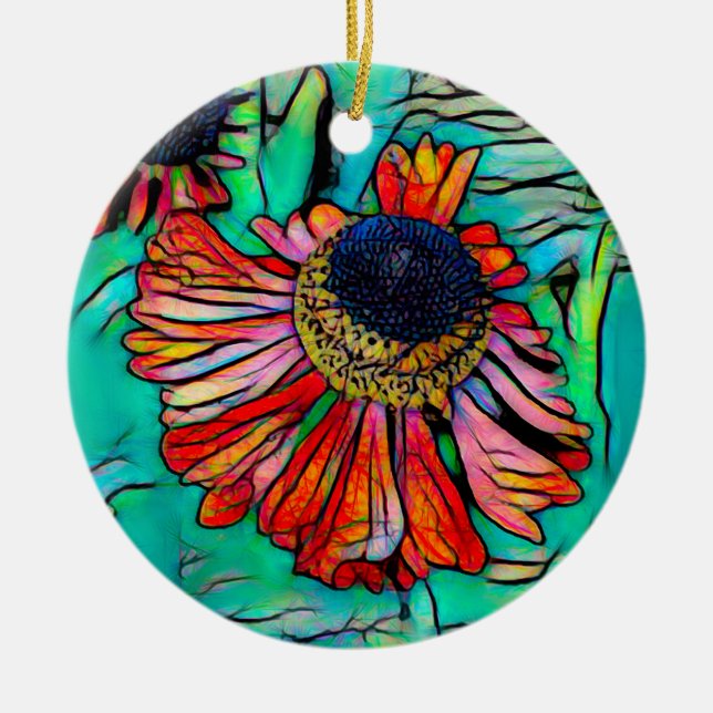 Fringy Helenium with a Stained Glass Look Ceramic Ornament (Front)