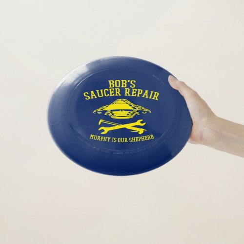 frisbee with yellow Bobs Saucer Repair logo