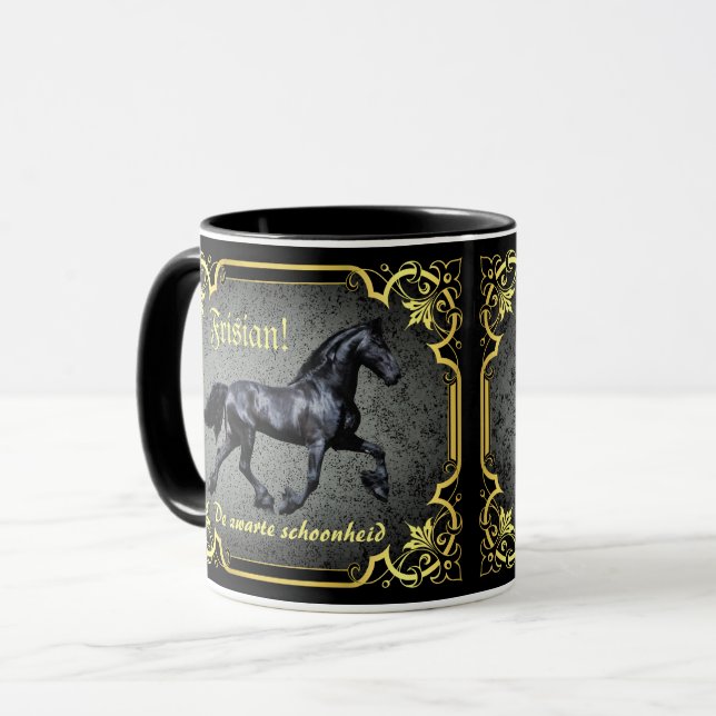Frisian horse/De zwarte schoonheid/gold/black Mug (Front Left)
