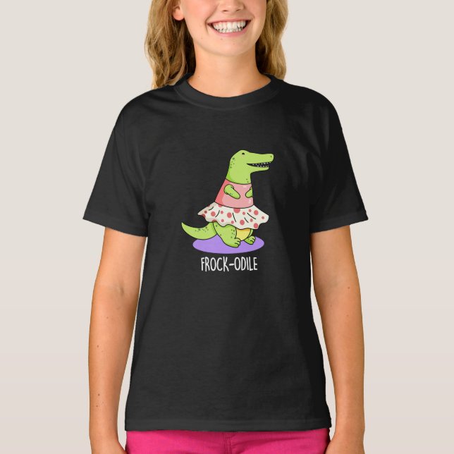 Frock-odile Funny Crocodile Pun Dark BG T-Shirt (Front)