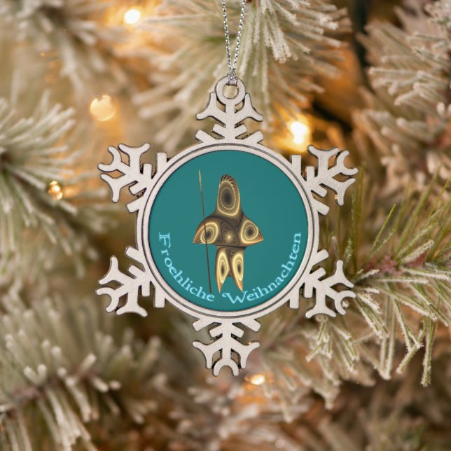 Froehliche Weihnacht  - Fractal Inuit Hunter Snowflake Pewter Christmas Ornament (Tree)