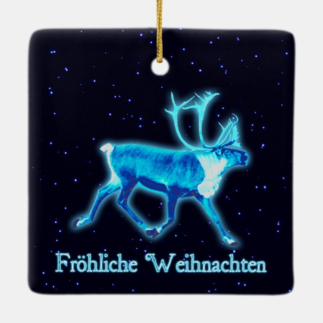 Froehliche Weihnachten - Blue Caribou (Reindeer) Ceramic Ornament (Back)