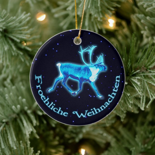 Froehliche Weihnachten - Blue Caribou (Reindeer) Ceramic Ornament (Tree)