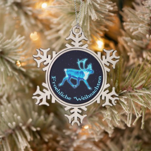 Froehliche Weihnachten _ Blue Caribou Reindeer Snowflake Pewter Christmas Ornament