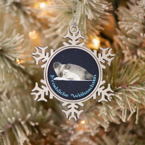 Froehliche Weihnachten _ Ringed Seal Snowflake Pewter Christmas Ornament