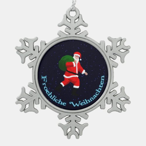 Froehliche Weihnachten _ Santa Claus Snowflake Pewter Christmas Ornament