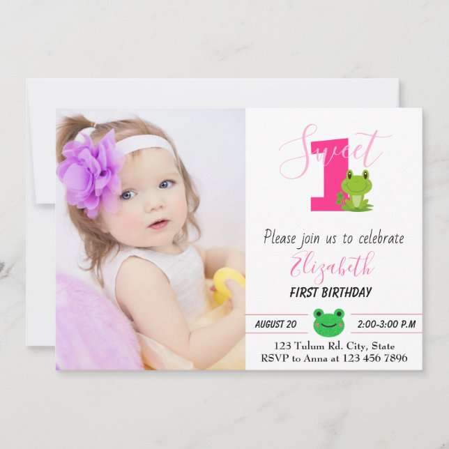 Frog 1st birthday girl photo princess invitation (Front)