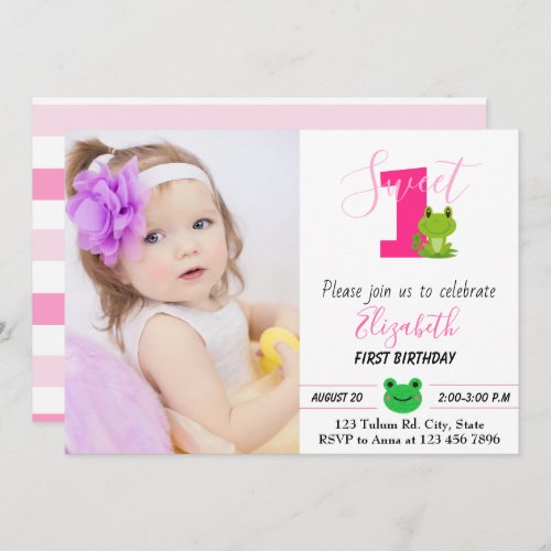 Frog 1st birthday girl photo princess invitation