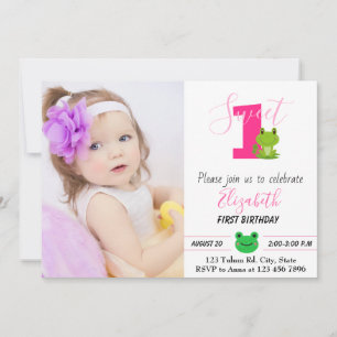 Frog 1st birthday girl photo princess invitation