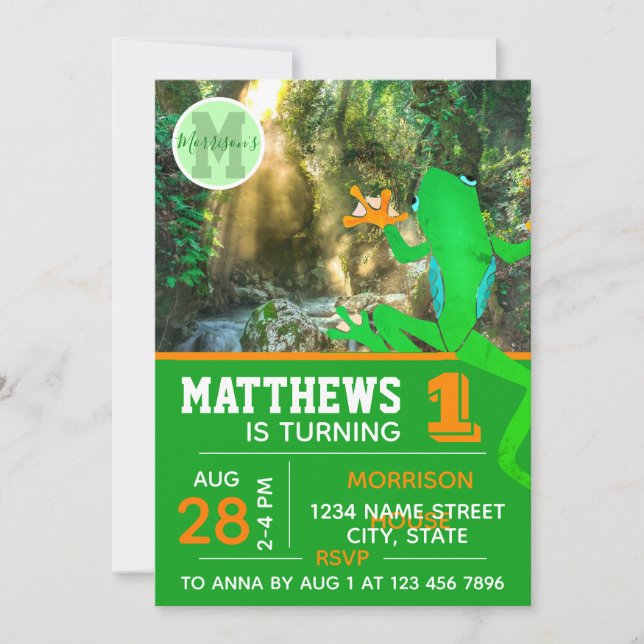 Frog 1st birthday party froggy tropical wildlife invitation (Front)