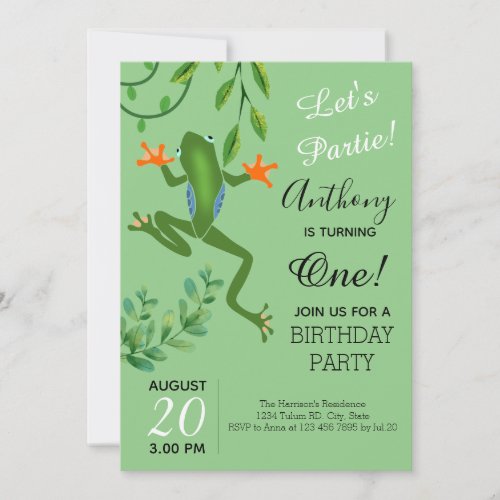Frog 1st birthday party is turning one invitation