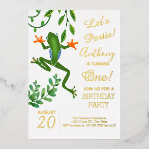 Frog 1st birthday party is turning one Photo Foil Invitation