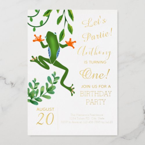 Frog 1st birthday party is turning one Photo Foil Invitation