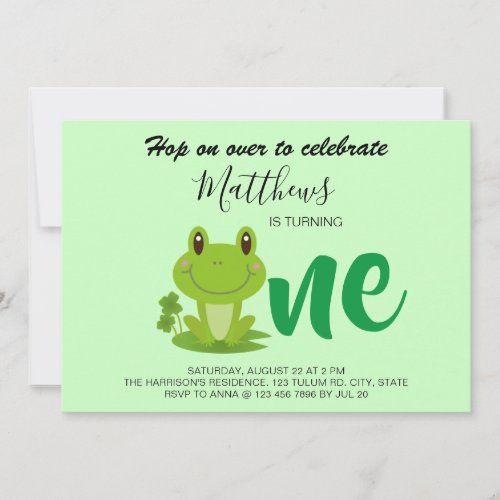 Frog 1st birthday party modern kids invitation