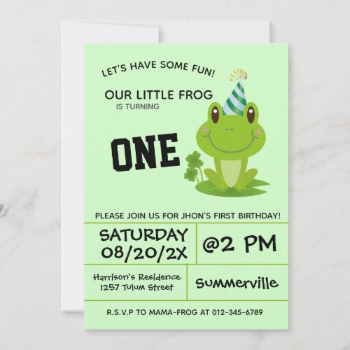 Frog 1st Birthday Party One year Green Froggy Invitation
