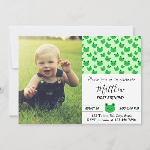 Frog 1st birthday party One year Green Reptile Invitation