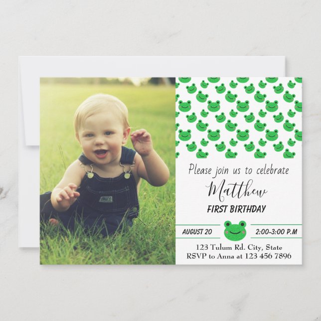 Frog 1st birthday party One year Green Sweet Invitation (Front)