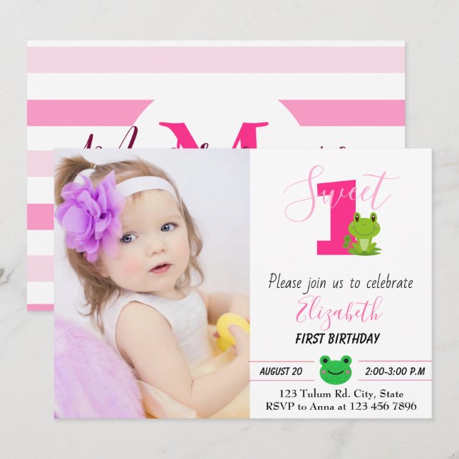 Frog 1st birthday party One year Sweet toad Invita Invitation (Front/Back)