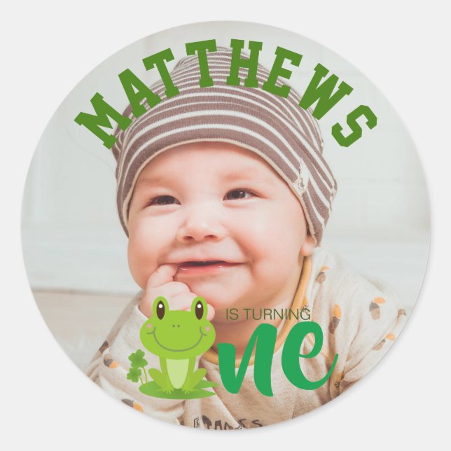 Frog 1st Birthday party Photo is turning one Class Classic Round Sticker (Front)