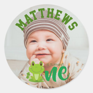 Frog 1st Birthday party Photo is turning one Class Classic Round Sticker