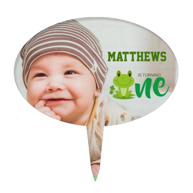 Frog 1st Birthday party Photo is turning one cute  Cake Topper (Front)