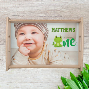 Frog 1st Birthday party Photo is turning one cute Serving Tray