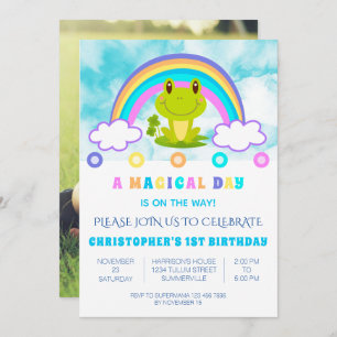 Frog 1st Birthday party Retro Rainbow Invitation