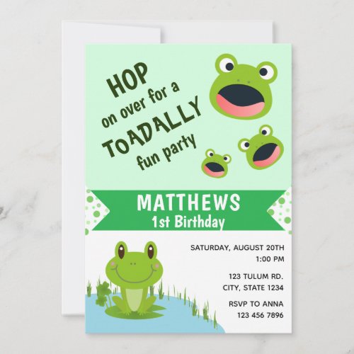 Frog 1st birthday Toadally Baby Party One year Invitation