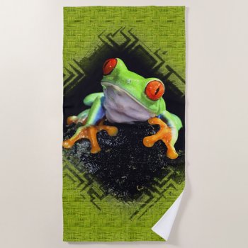 Frog 3 Bordered Beach Towels by Ronspassionfordesign at Zazzle