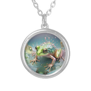 Frog 3D Reflection Fractal Art, Silver Plated Necklace