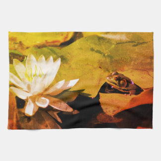 Frog Admiring Water Lily Abstract Distressed Kitchen Towel