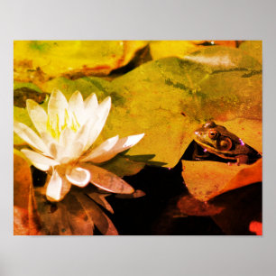 Frog Admiring Water Lily Abstract Distressed Poster