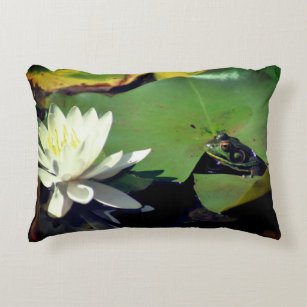 Frog Admiring Water Lily Lotus Flower Accent Pillow