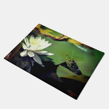Frog Admiring Water Lily Lotus Flower Doormat by SmilinEyesTreasures at Zazzle