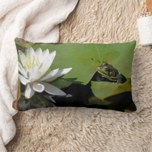 Frog Admiring Water Lily Lotus Flower Lumbar Pillow